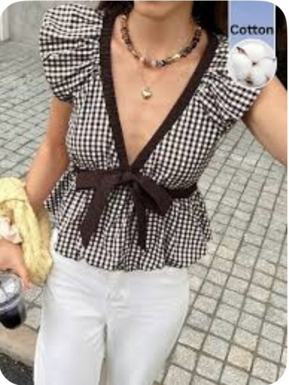 Zara Brown and White Gingham Tie-Front Ruffle Top